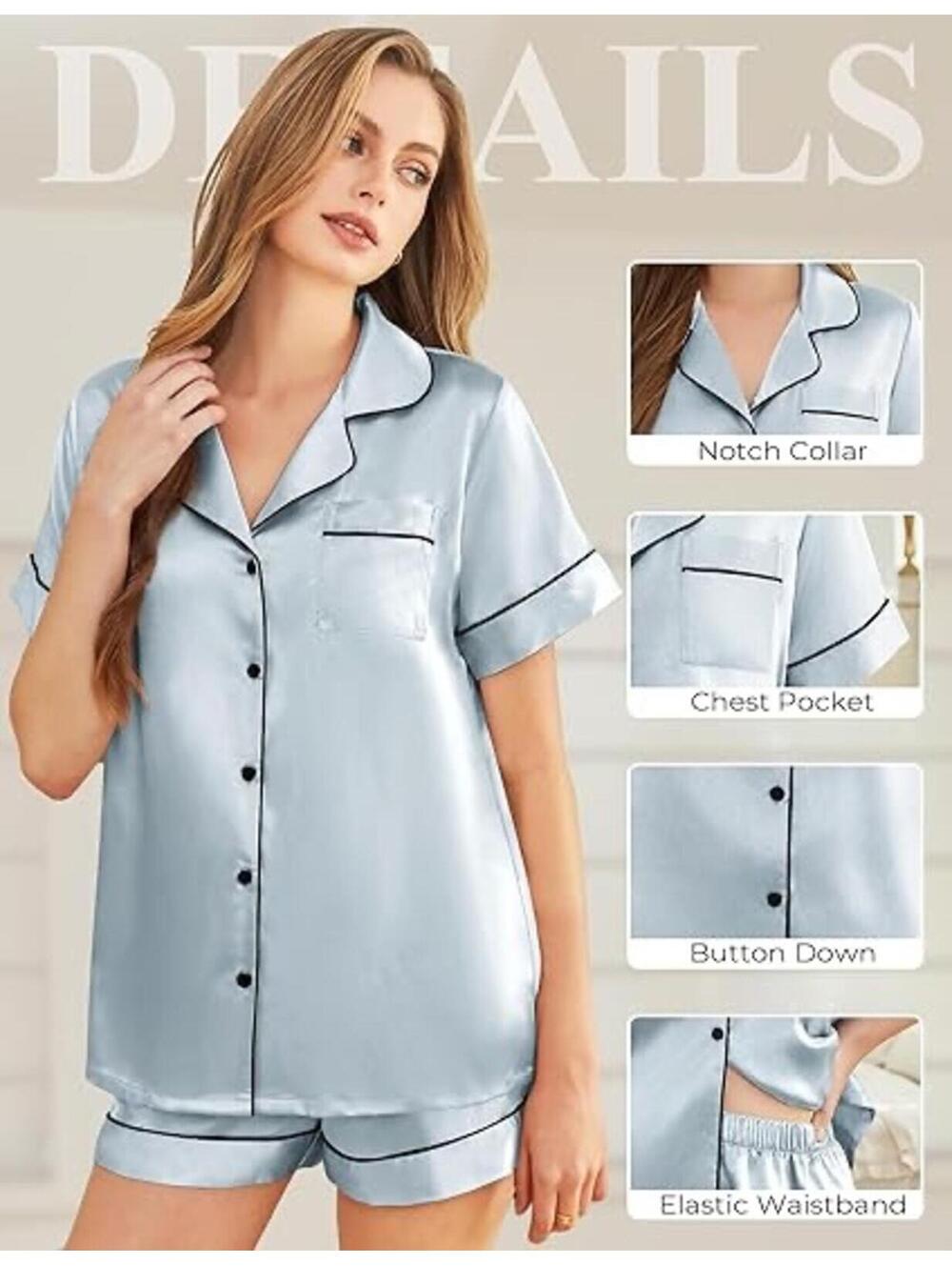 Satin Pajama Set Women 2 Piece Short Sleeve Button Down Shorts — Size L